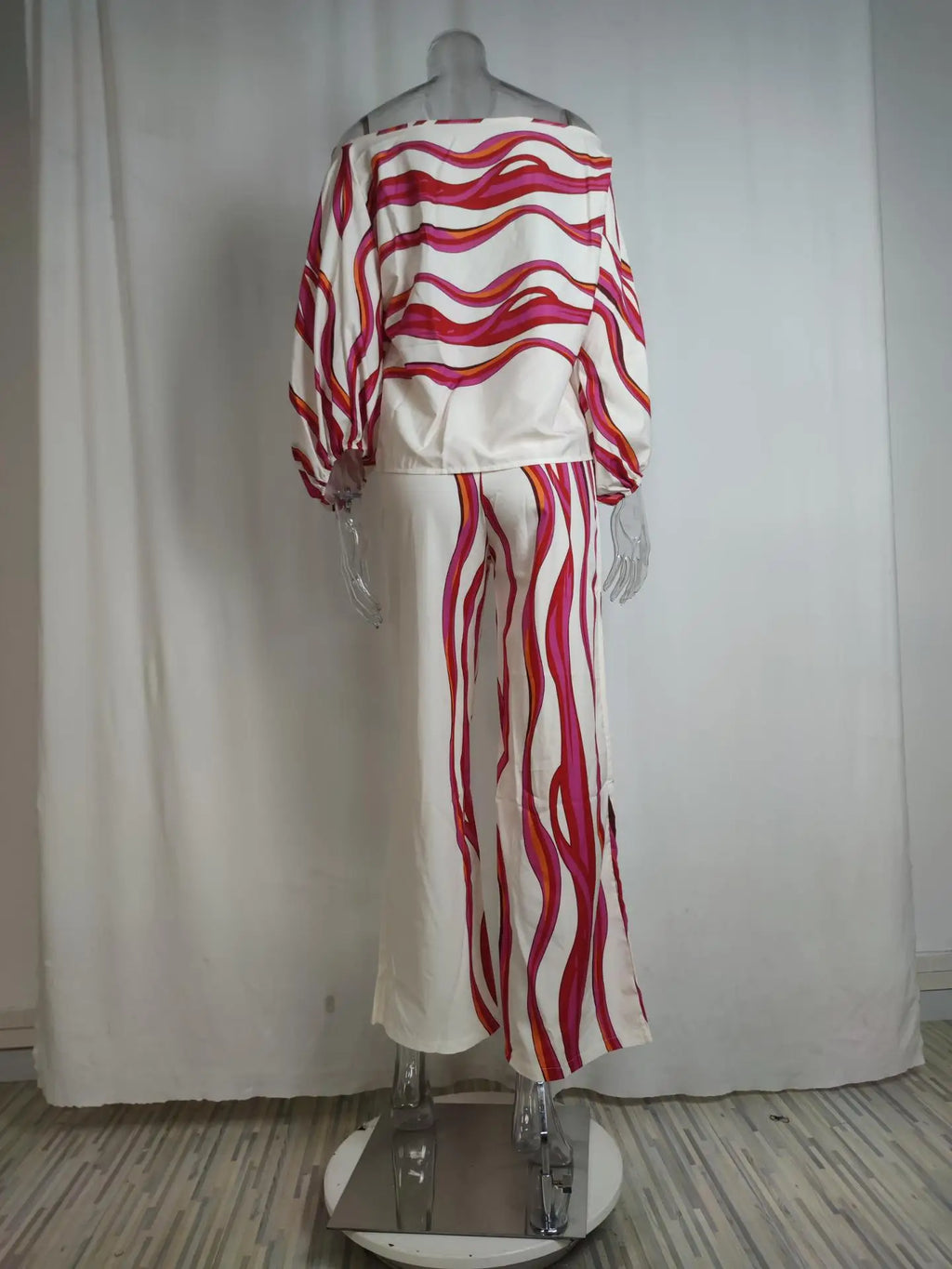Conjunto de satén estampado para mujer, blusa de manga larga con hombros descubiertos y manga acampanada, conjuntos de 2 piezas para oficina, nuevos trajes informales con pantalones de pierna ancha