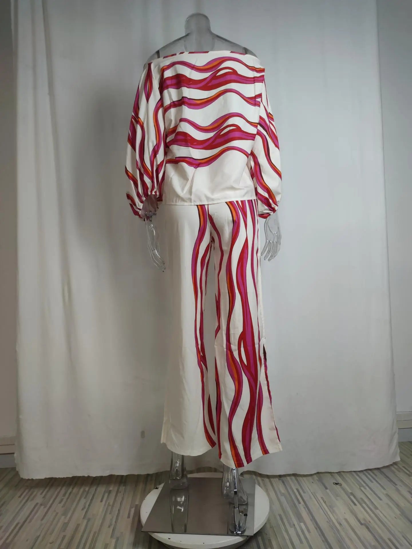 Conjunto de satén estampado para mujer, blusa de manga larga con hombros descubiertos y manga acampanada, conjuntos de 2 piezas para oficina, nuevos trajes informales con pantalones de pierna ancha