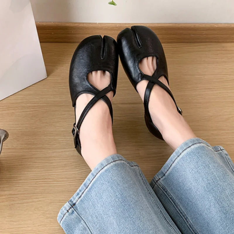 Zapatos Planos de Mujer con Punta Dividida, Estilo Mary Jane, Minimalistas, con Tira Cruzada, de Cuero PU Liso, Zapatos de Ballet, Estilo Francés Chic, Casuales, para Caminar