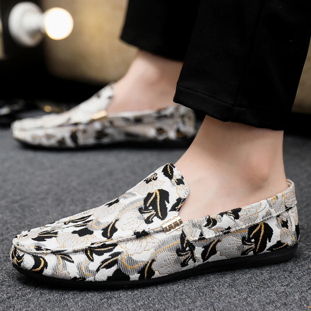 Zapatos Casuales Florales para Hombre | Estilo Mocasín Azul y Blanco