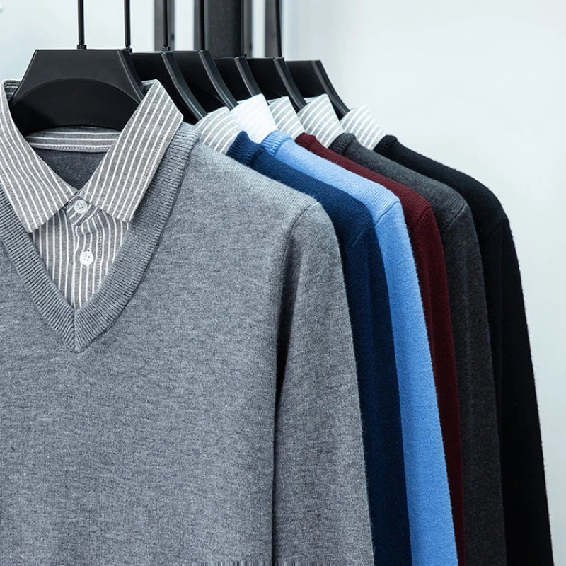 Suéter de punto con cuello de camisa para hombre, azul claro (6 colores), diseño falso de dos capas, estilo informal de negocios    Ajuste elástico y cómodo