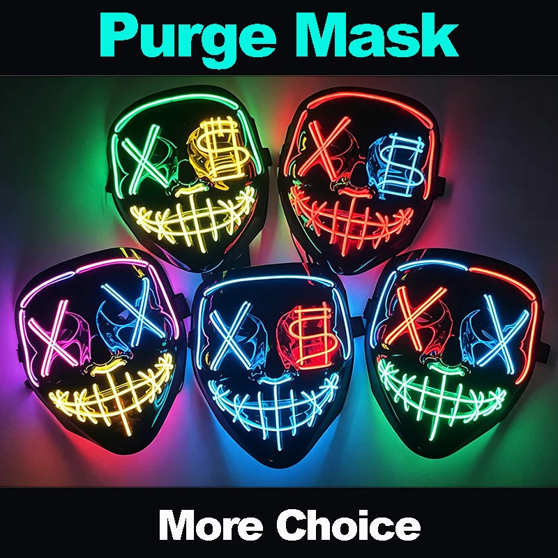 Máscara LED inalámbrica luminosa de neón para fiesta de Halloween, suministros brillantes, máscara de luz Purge para elección, para cosplay de adultos y maquillaje.