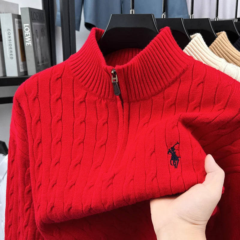 Suéter Vintage para Hombre con Cuello Alto, Bordado y Cremallera