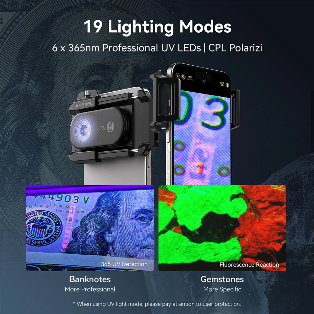 Lente Microscopio 300X APEXEL con Luz LED para Smartphones