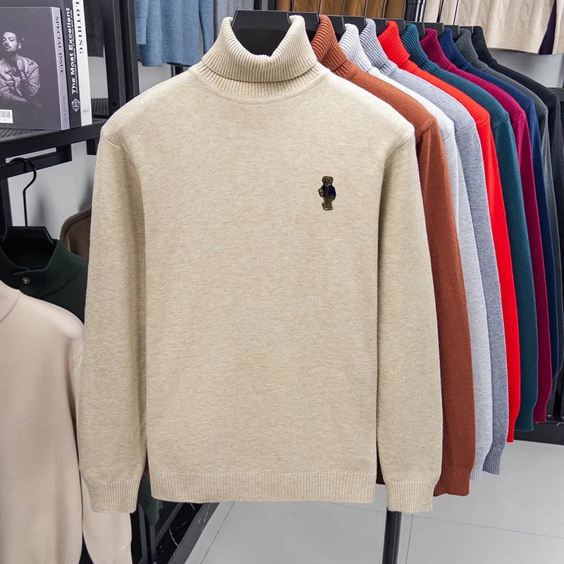Suéter de Punto de Manga Larga para Hombre, Diseño de Alta Gama, Estampado de Oso, Cuello Alto, Estilo Informal, Versátil, Cálido y Moderno