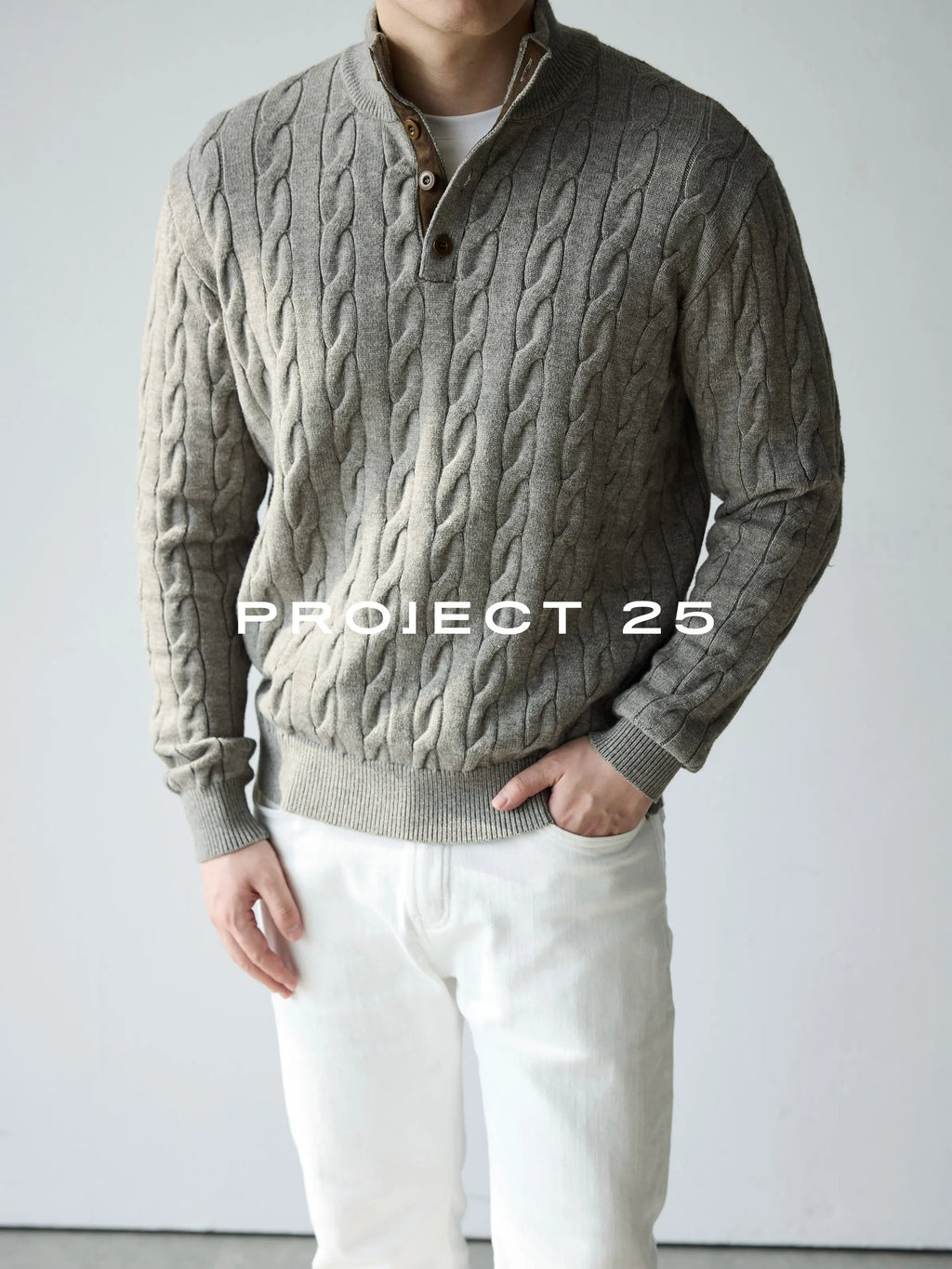 Suéter de Punto Trenzado con Cuello Alto y 4 Botones PROJECT 25 American Heritage para Hombre – Suéter Casual de Negocios de Lana Premium