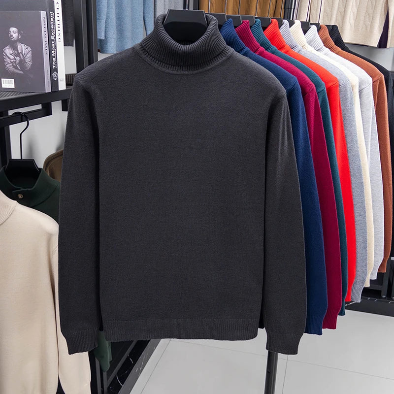 Otoño para hombre de alta calidad de punto suéter de cuello alto ajustado de manga larga anti-pilling jersey Color sólido tendencia hombres Streetwea