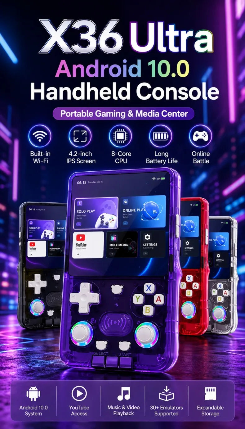 Consola de Juegos Retro X36 Ultra, Pantalla IPS HD de 4.2 Pulgadas, Sistema Dual Android 10, WiFi, Multijugador, Más de 20000 Juegos, Regalos