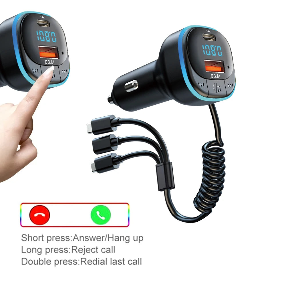Transmisor FM Bluetooth para Auto con Cargador Dual y Cable 3 en 1