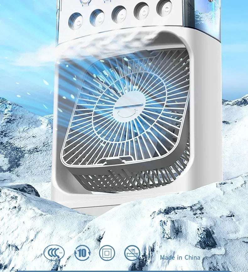Ventilador 3 en 1 con Humidificador, Luz LED y Enfriamiento de Aire