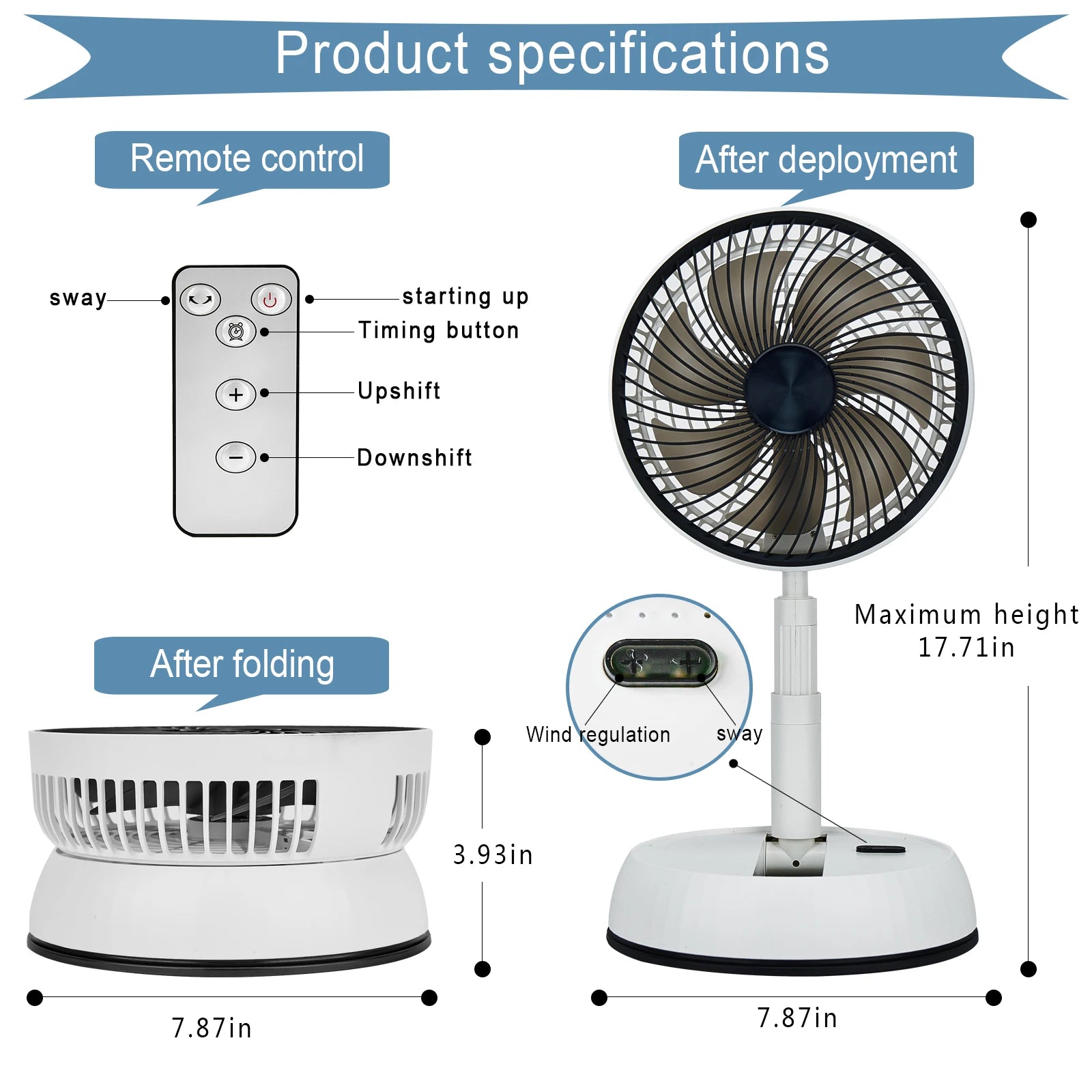 Ventilador plegable telescópico, ventilador de escritorio con Control remoto, ventilador de suelo, recargable, portátil, USB, de 8 pulgadas, para acampar