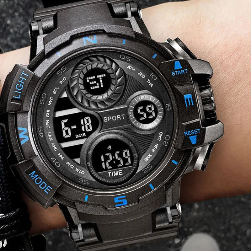 Reloj Digital negro YIKAZE para hombres, relojes deportivos, cronógrafo impermeable para exteriores, reloj de mano G, reloj de pulsera para estudiantes de choque de infantería