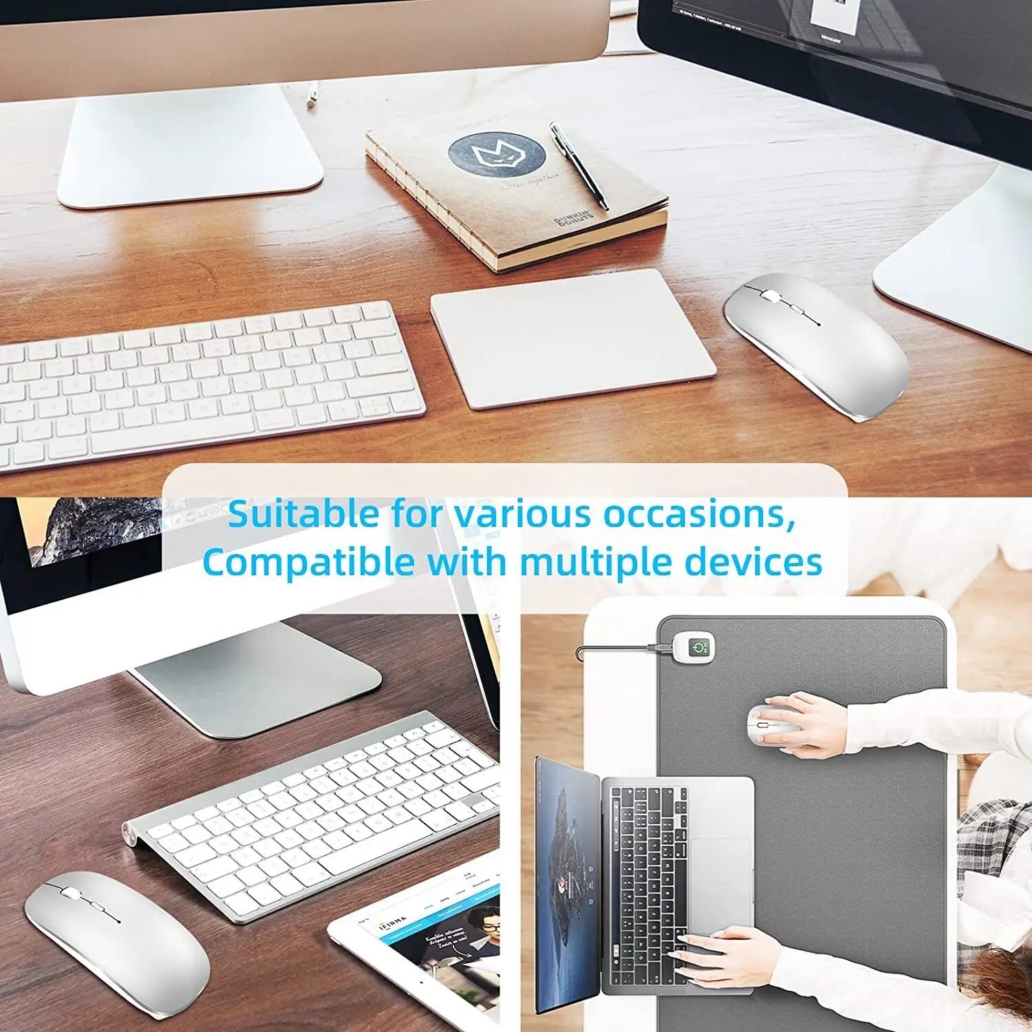 Ratón inalámbrico recargable compatible con Bluetooth 2,4 GHz modos duales ratón de ordenador con Nano receptor para PC portátil Macbook