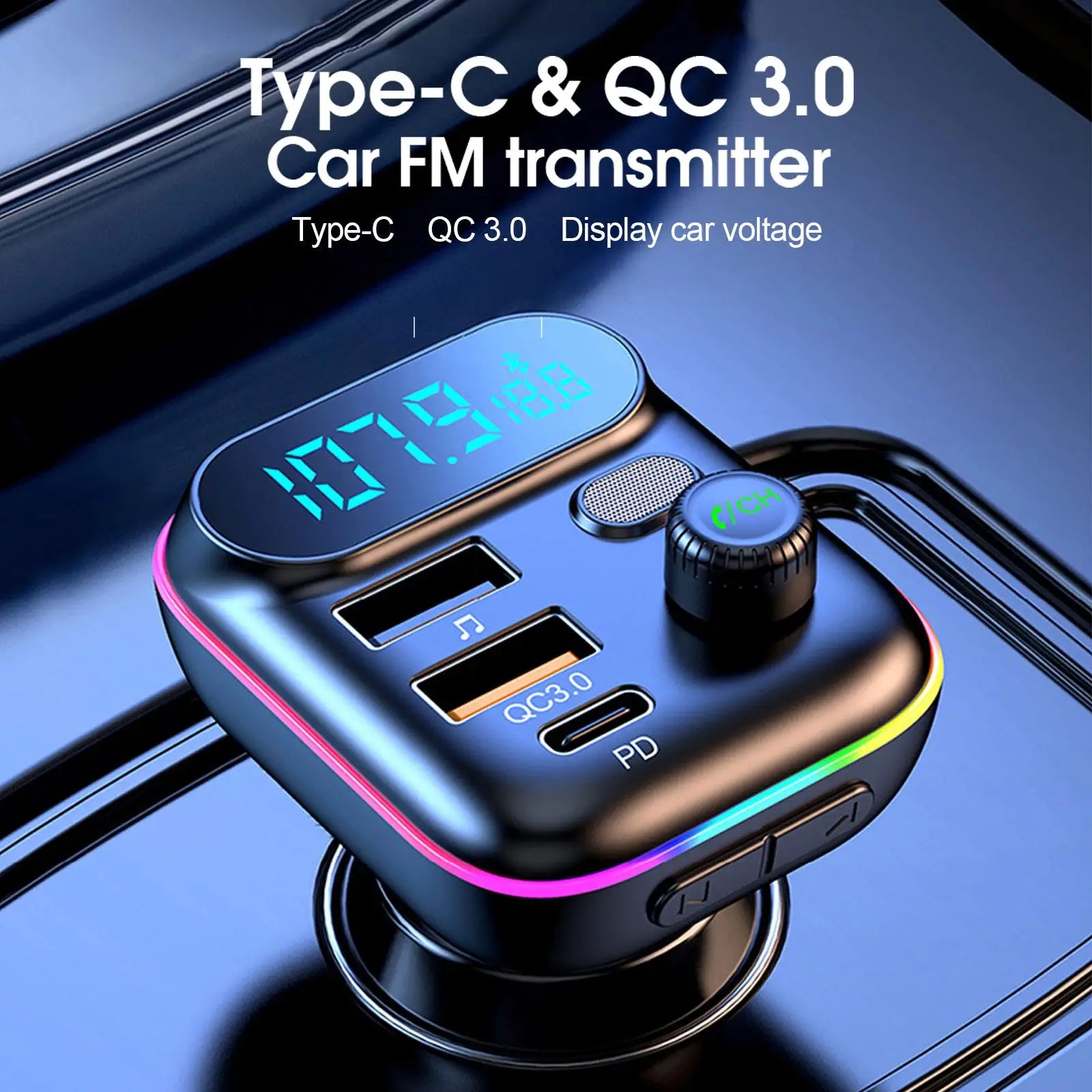 Transmisor FM Bluetooth para coche, transmisor FM Bluetooth 5,0, USB PD, cargador rápido para coche, accesorios electrónicos