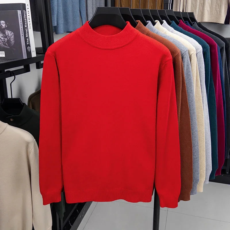 Suéter de punto de medio cuello alto para hombre, jersey de Color sólido con cuello simulado, sudadera informal de Otoño/Invierno, ropa de marca para hombre