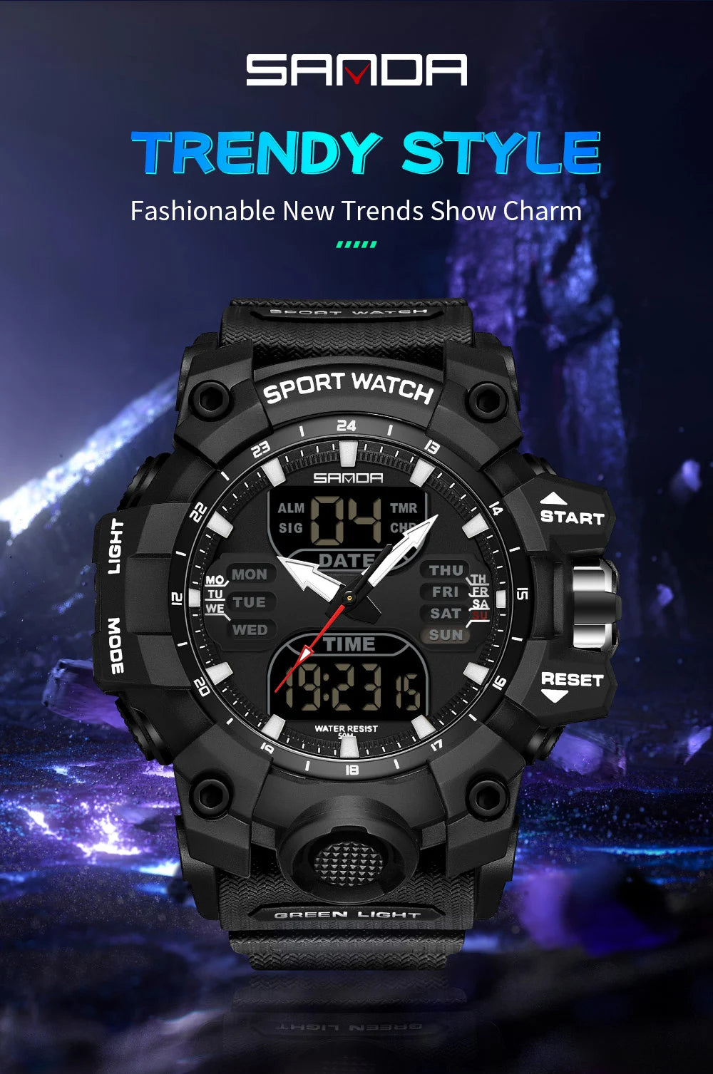 SANDA-reloj electrónico de lujo estilo G para hombre, cronógrafo Digital analógico LED para deportes al aire libre, pantalla Dual militar, resistente al agua hasta 50M