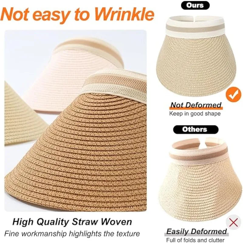 Sombrero de Paja para Mujer con Ala Ancha, Protección UV, Visera de Playa para Verano con Orificio para Cola de Caballo, para Golf, Viajes y Actividades al Aire Libre