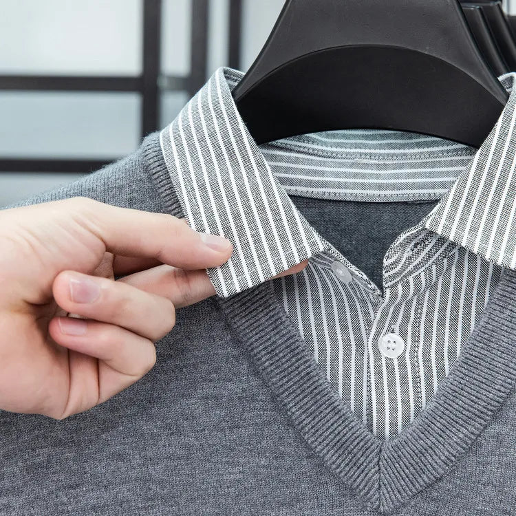 Suéter de punto con cuello de camisa para hombre, azul claro (6 colores), diseño falso de dos capas, estilo informal de negocios    Ajuste elástico y cómodo