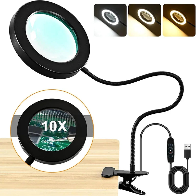 Lámpara de aumento 10X con clip 3 modos de color 10 atenuador de brillo 360 °   Lámparas flexibles de cuello de cisne para soldar lectura Nail Art