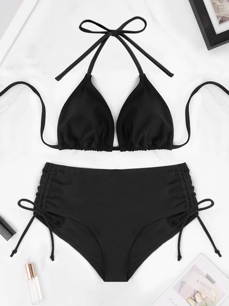 2 unids/set de Bikini dividido para mujer, conjunto de Bikini con tirantes en la espalda y cuello colgante, traje de baño de playa para mujer