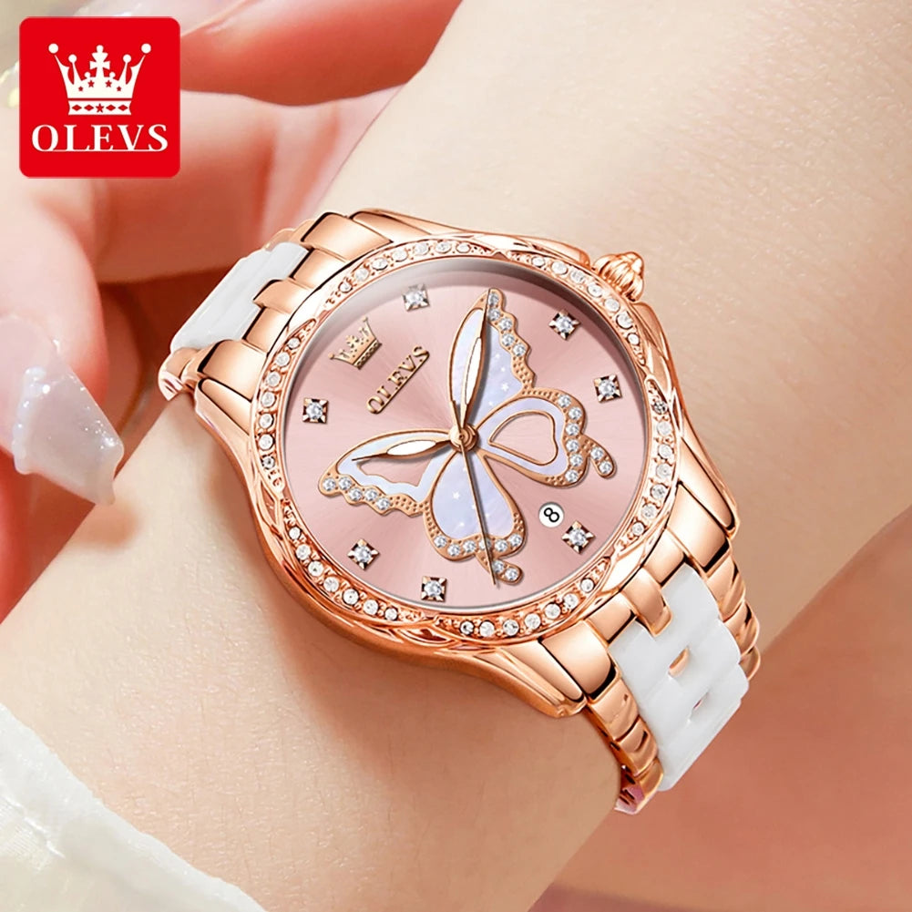 Reloj de Cuarzo OLEVS para Mujer, Correa de Cerámica, Diseño Mariposa