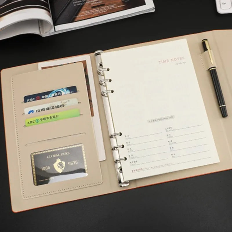 Carpeta A5 de 6 Anillas con Papel Rayado y Bolsillo Multifuncional para Tarjetas, Organizador de Presupuesto, Cuaderno, Diario