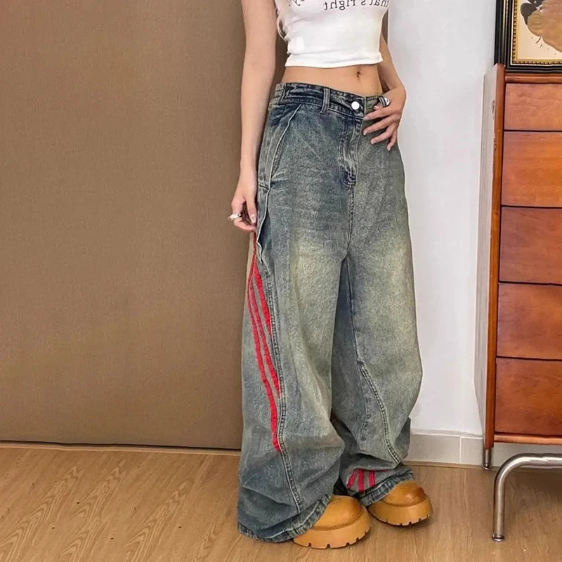 Pantalones Vaqueros de Pierna Ancha con Rayas Laterales
