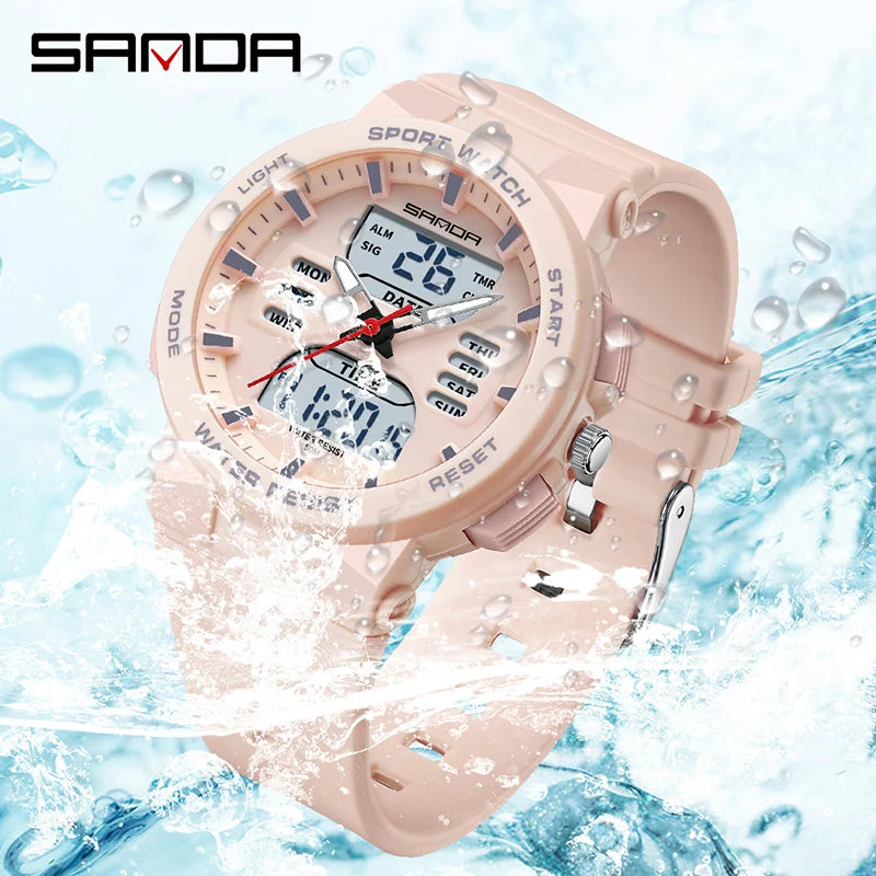 Reloj Digital LED SANDA 6185 para Mujer Pantalla Dual Resistente al Agua