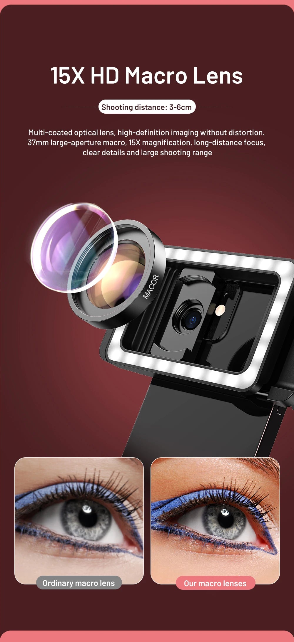 Lente Macro 15X APEXEL con Luz LED para iPhone y Samsung