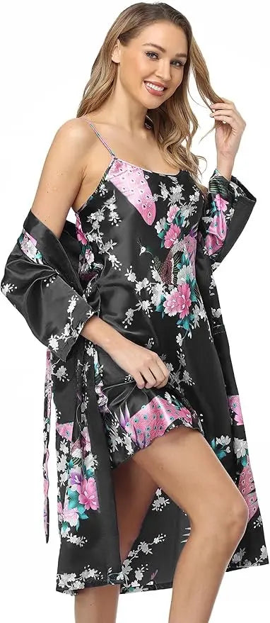Conjunto de camisón y kimono de satén floral para mujer con camisola, ropa de dormir de 2 piezas, albornoz de pavo real