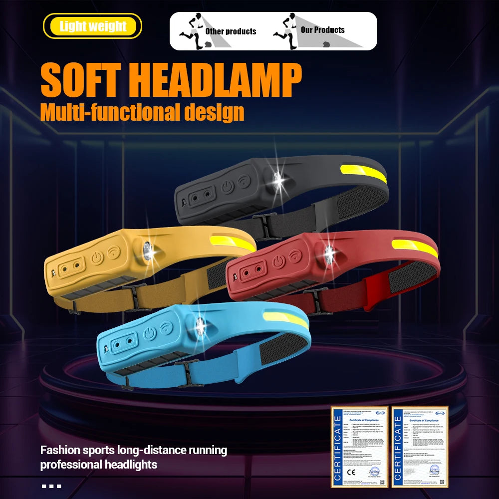 Linterna Frontal LED XPE+COB Recargable USB con Sensor Táctil