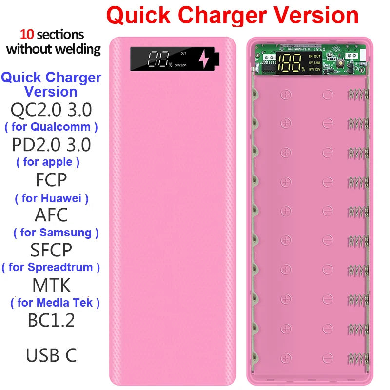 Estuche DIY para Power Bank 10x18650 con Carga Rápida QC 3.0