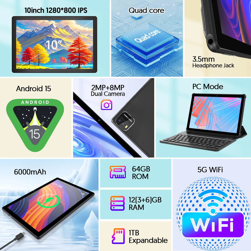 Tablet Android 15 de 10.1 Pulgadas, Compatible con Google Play, Procesador de Cuatro Núcleos, 12GB (3+9) de RAM, 64GB de ROM, Bluetooth, Batería de 6000mAh