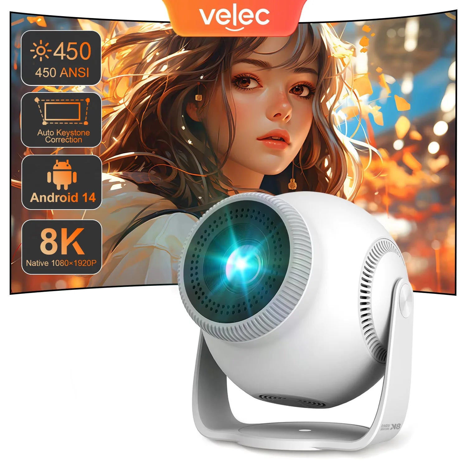 Proyector Inteligente Velec TP360 Android 14, 450 ANSI, 720P, Decodificación de Video 8K, Enfoque Automático, Proyector Portátil para Cine en Casa y Exteriores