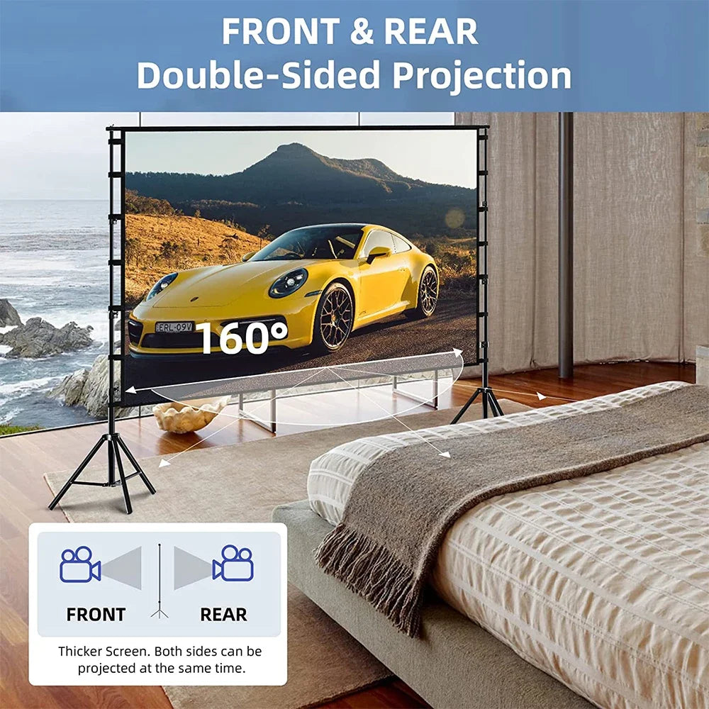 LEJIADA-Pantalla de proyector con soporte, pantalla blanca sin arrugas de 60-150 pulgadas, ángulo de visión de 160 °, doble cara, cine en casa, al aire libre