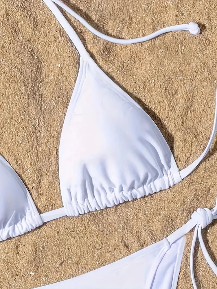 1 traje de baño para mujer, conjunto de Bikini acanalado con almohadillas y espalda descubierta, sujetador triangular con cuello Halter, Tanga con lazo lateral, ropa de playa, traje de baño para mujer
