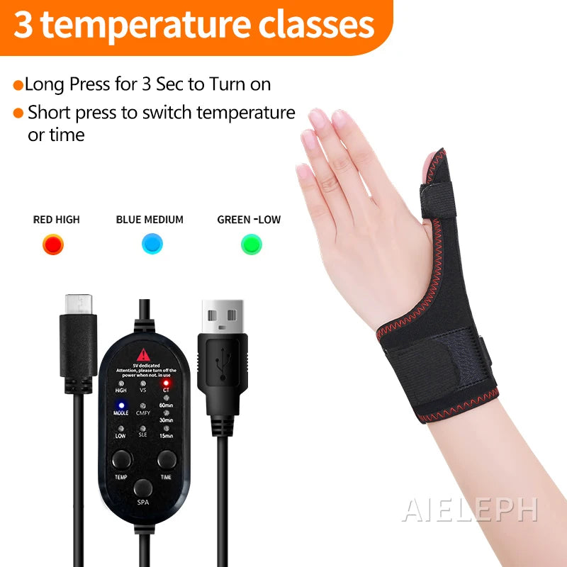 Soporte Eléctrico Térmico para Pulgar y Muñeca con Masaje, Almohadilla Calefactora para Dedos, Estabilizador de Pulgar para Alivio del Túnel Carpiano, Masajeador de Dedos
