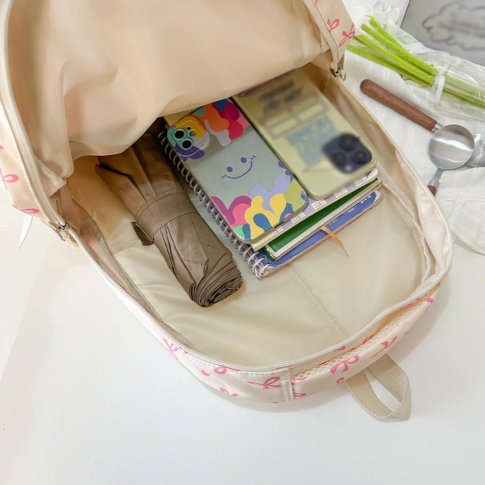 Mochila coreana con estampado de lazo para mujer, morral escolar ligero y sencillo para estudiante, conjunto de tres piezas