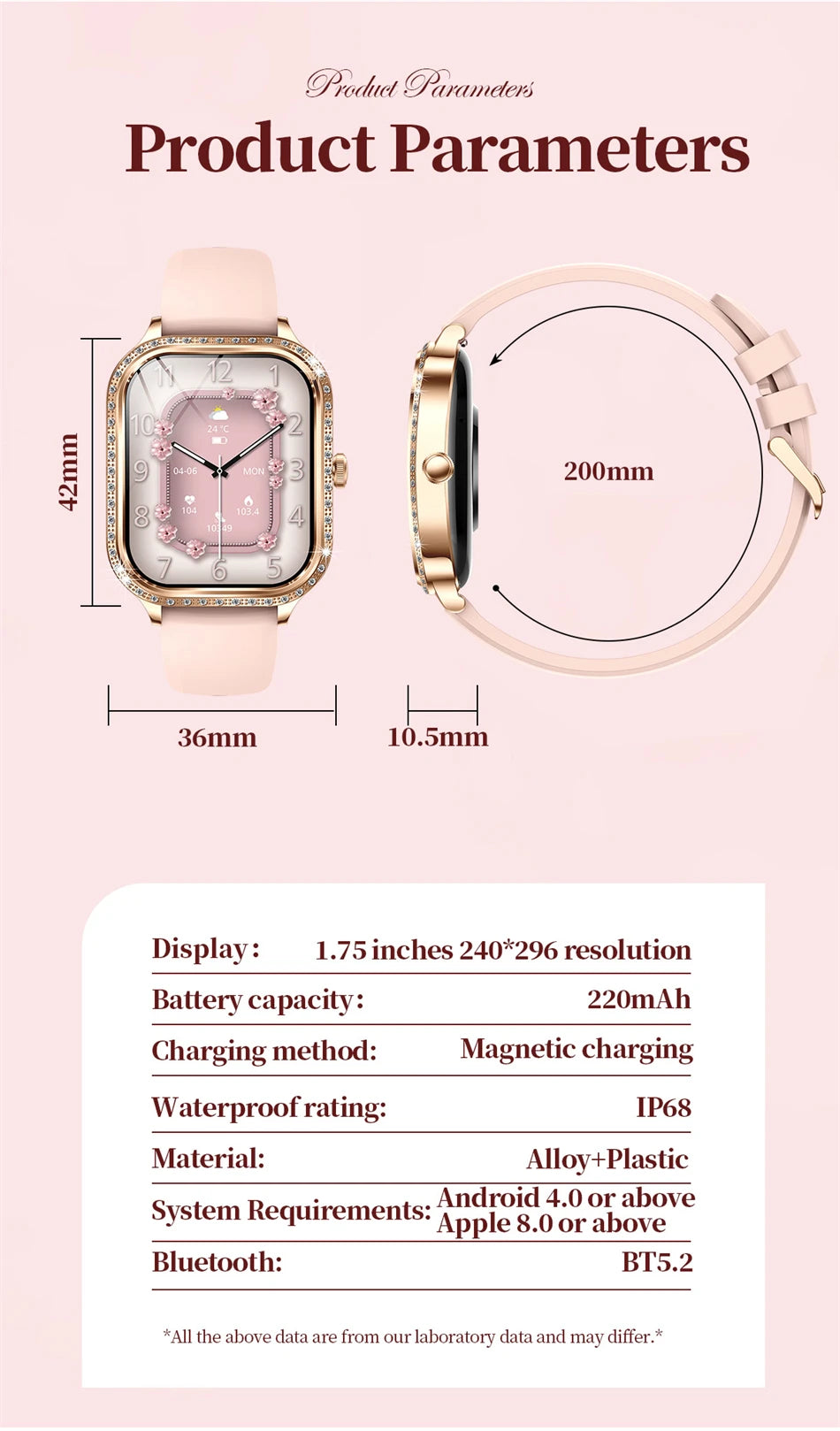 Smartwatch para mujer con pantalla curva HD 1.75 pulgadas y llamadas Bluetooth