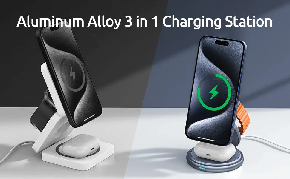 Cargador Inalámbrico Magnético de Aleación de Zinc para Magsafe iPhone 17~12 Pro Max, Apple Watch 11-2, Airpods Pro 4/3/2, Estación de Carga Rápida