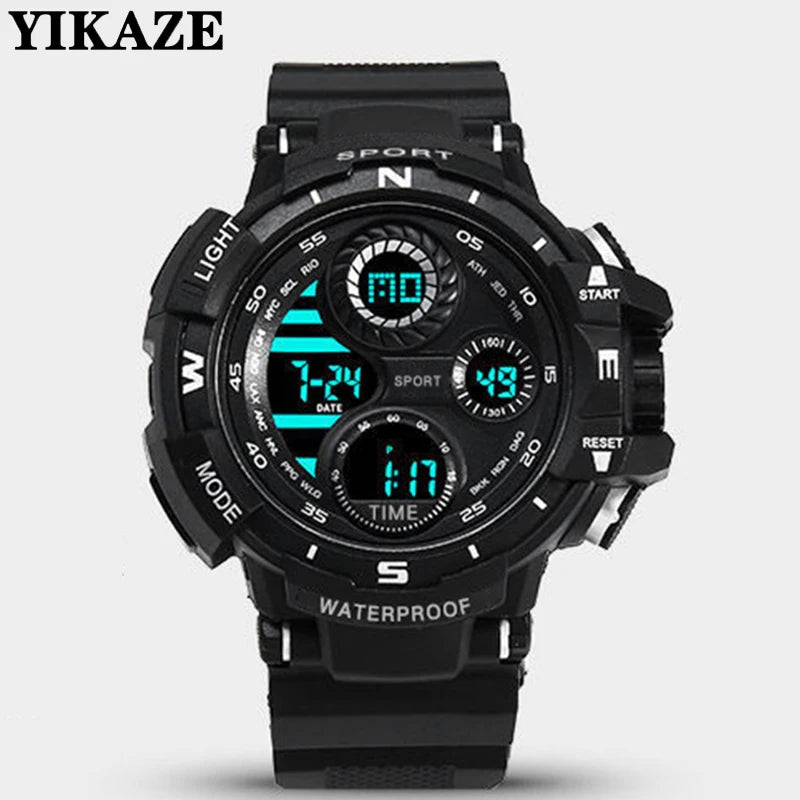 Reloj Digital negro YIKAZE para hombres, relojes deportivos, cronógrafo impermeable para exteriores, reloj de mano G, reloj de pulsera para estudiantes de choque de infantería