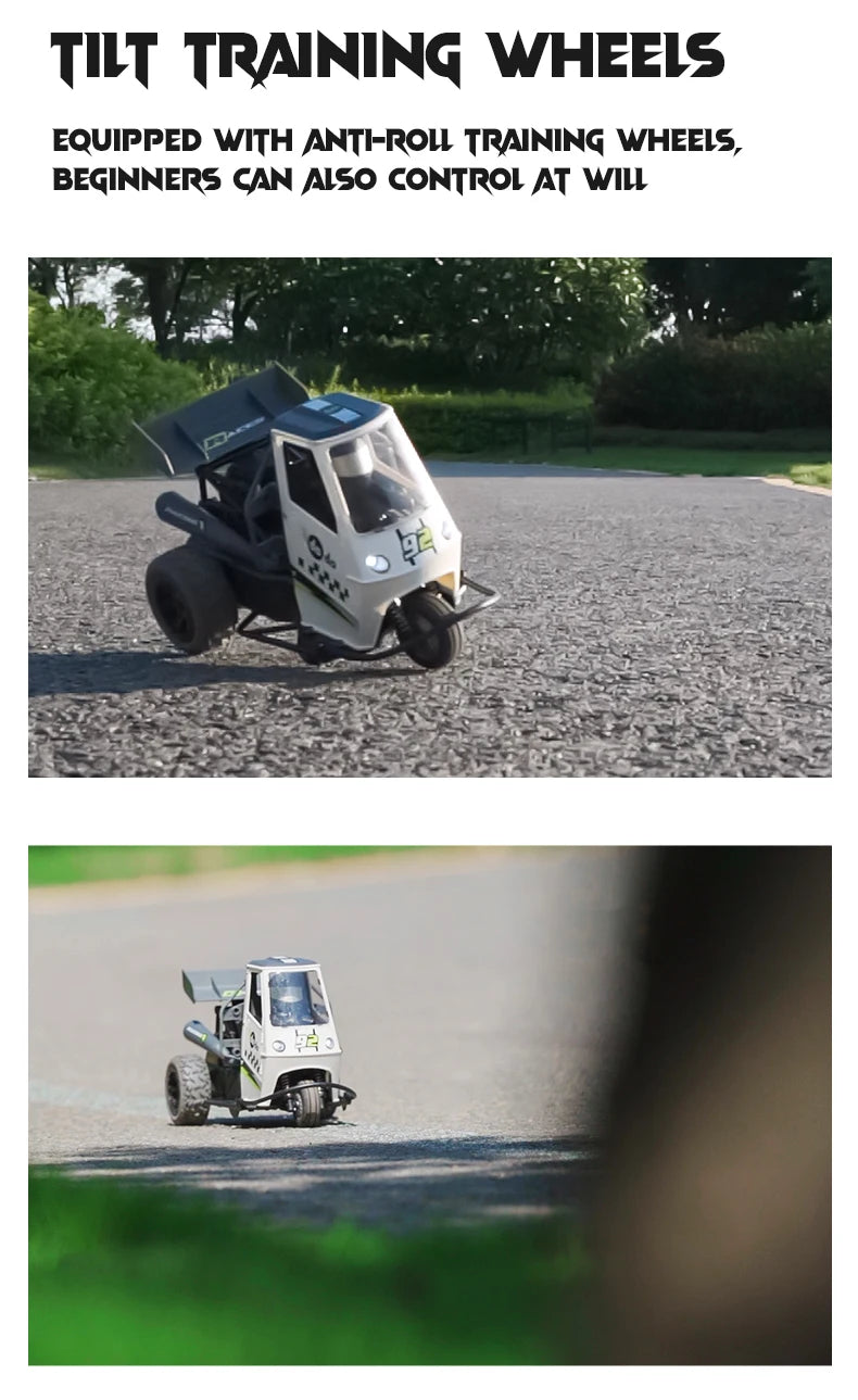 Moto RC de Tres Ruedas con Luces y Spray, Control 2.4G para Niños