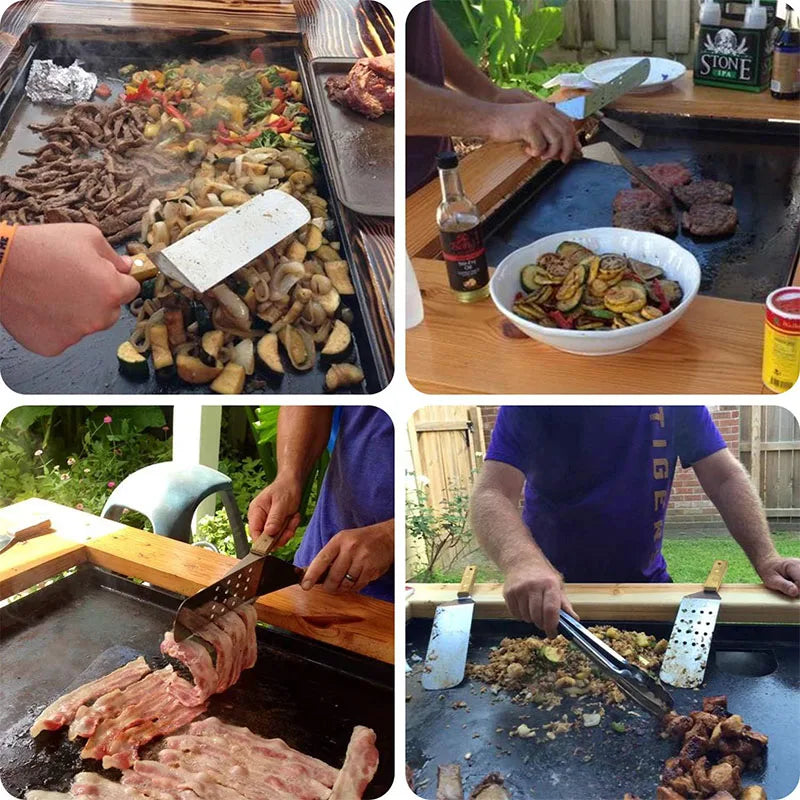 Espátula para plancha al aire libre, espátula para parrilla de acero inoxidable, raspador, espátula plana, aleta para panqueques, volteador de hamburguesas para asar JT596