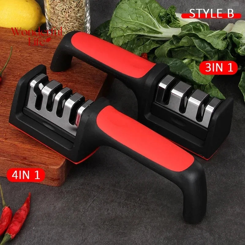 Afilador de Cuchillos de Cocina de 3 Segmentos, Multifuncional, Manual, 3/4 Usos, Piedra de Afilar Negra, Herramientas para Afilar Cuchillos