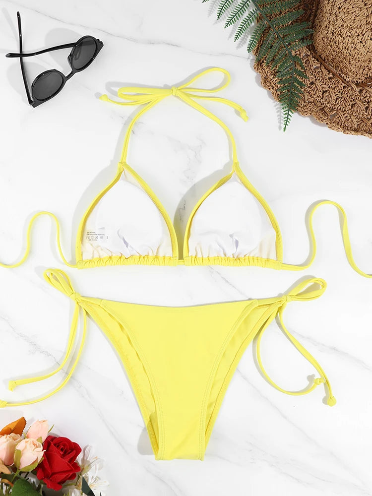 Traje de baño Sexy de Color sólido para mujer, conjunto de Bikini con Tanga para mujer, traje de baño brasileño ajustable con tirantes divididos y lazo lateral, ropa de playa 2 piezas