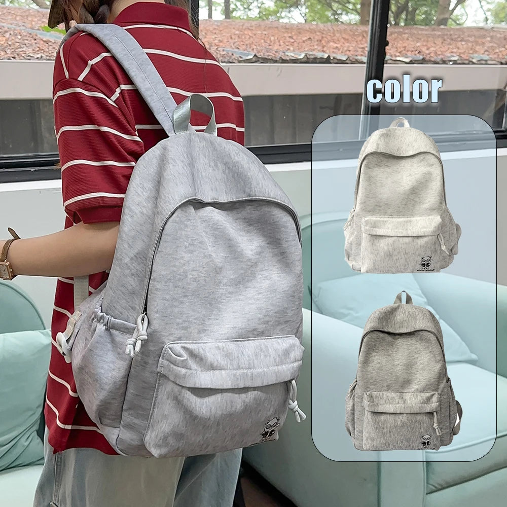Mochila Informal Gris Jaspeado con Bordado, Mochila Ligera de Tela Suave, Bolso Minimalista para Viajes Diarios y Uso Casual
