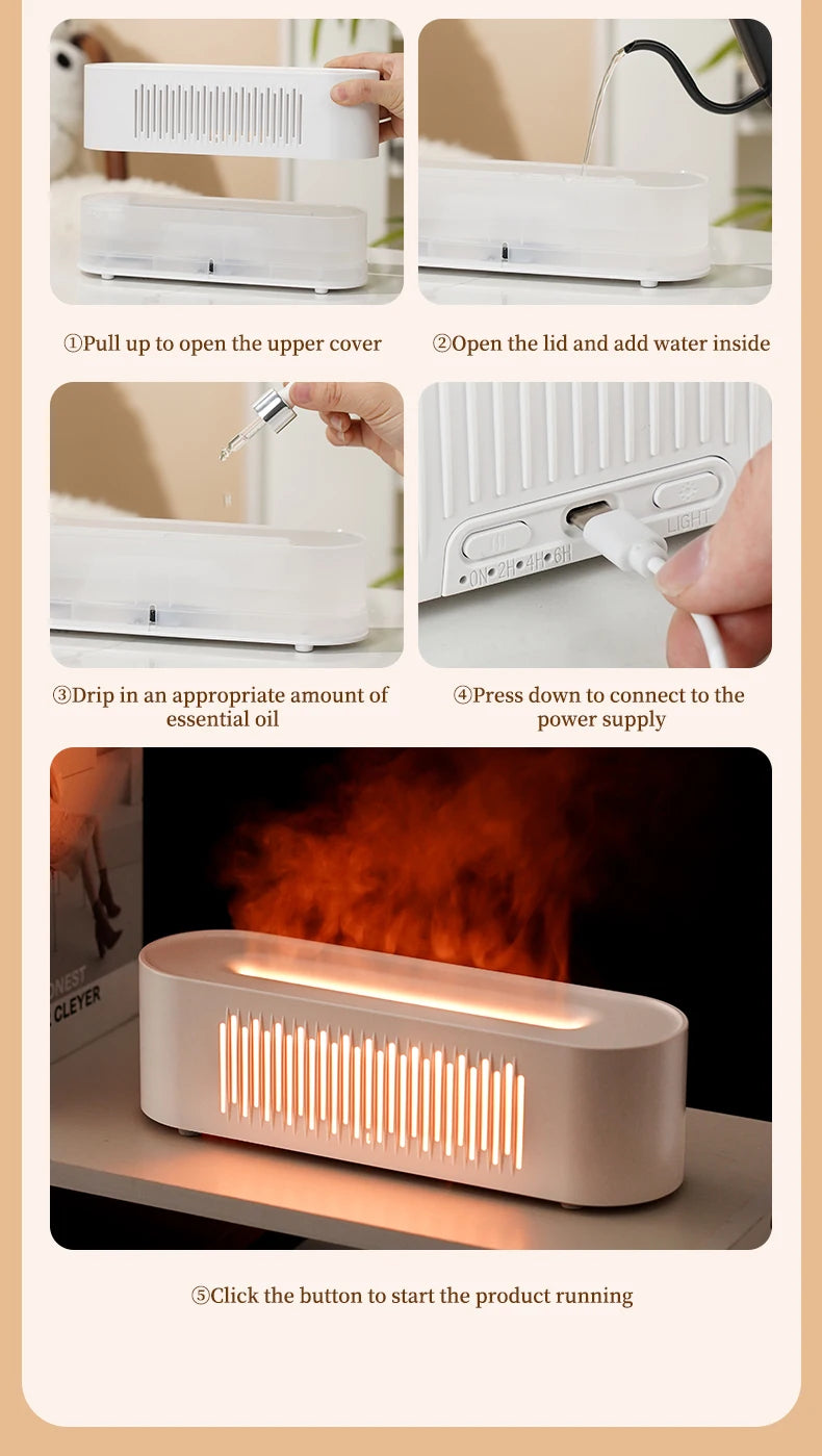 Humidificador de aromaterapia con llama, atmósfera colorida, luz nocturna, humidificación silenciosa, diseño de ventilación de fondo suave