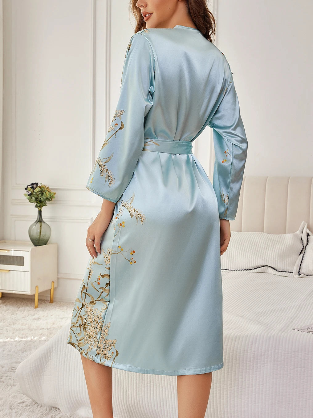 ‌   Conjunto de ropa de descanso floral de satén de seda, bata con cinturón, camisola, camisón, ropa de dormir elegante de dos piezas para todas las estaciones