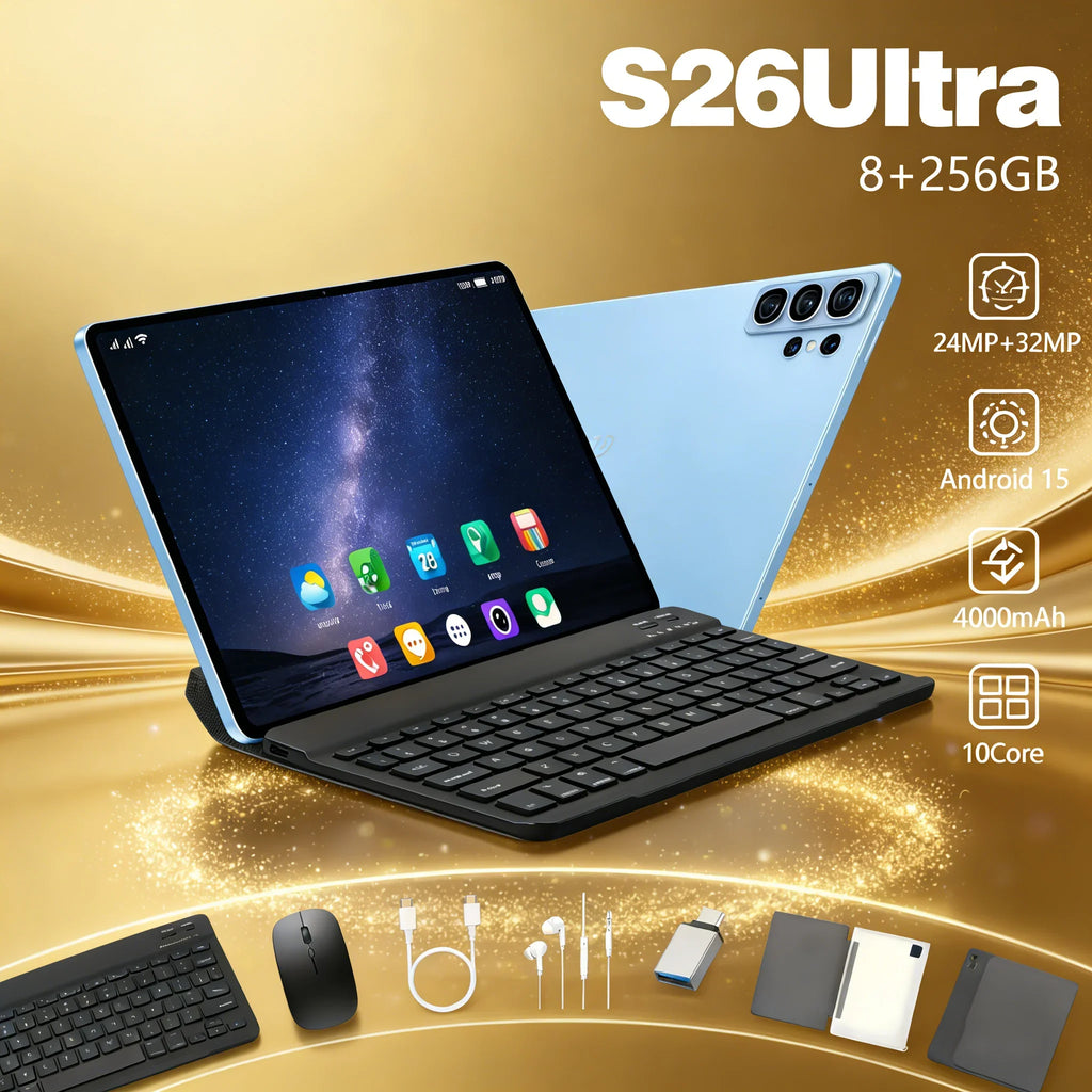 Tablet PC S26 Ultra con Pantalla de 10.1 Pulgadas, 8GB+256GB, Android 13, Wi-Fi 6, Bluetooth 5.0, Carga Rápida, para Negocios y Hogar