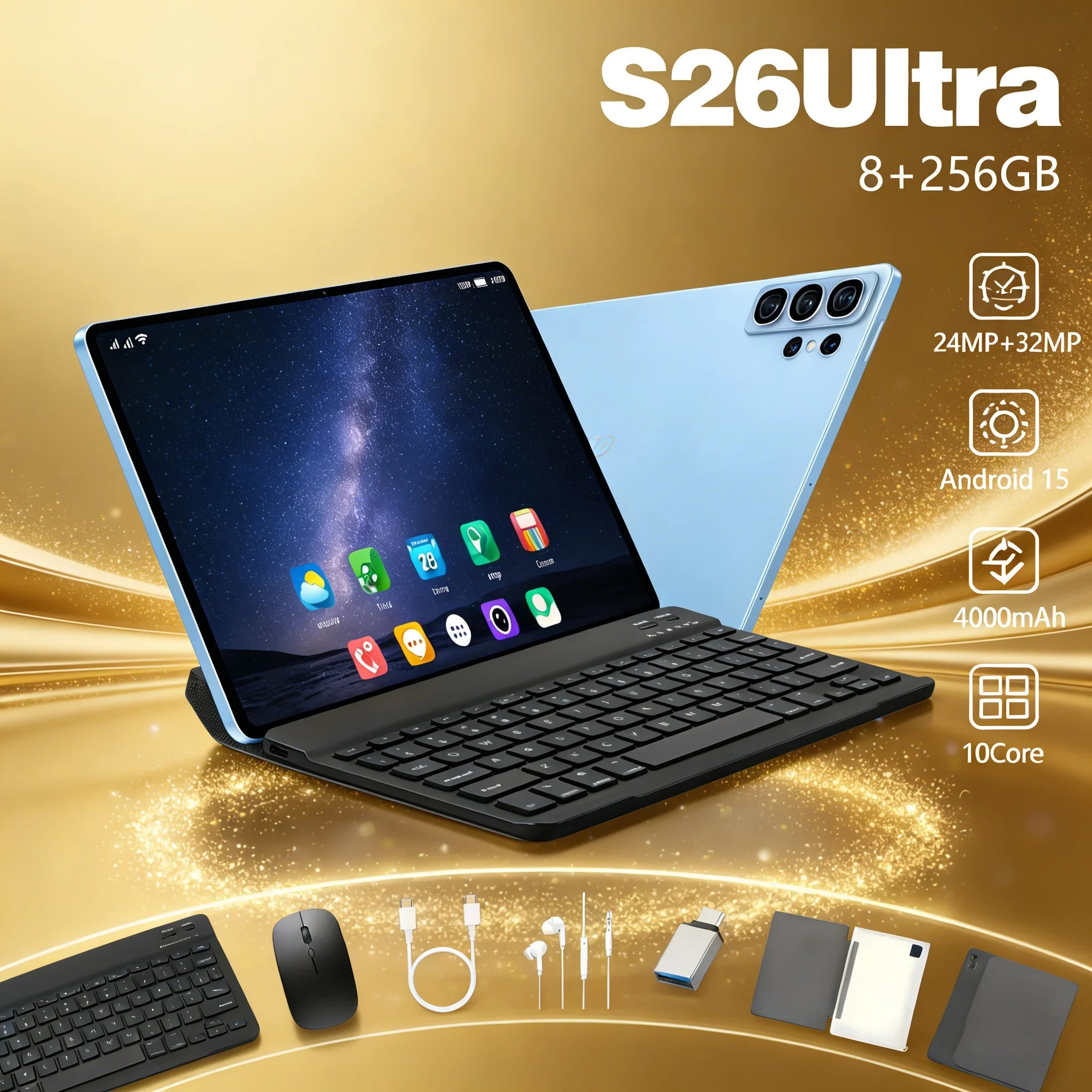 Tablet PC S26 Ultra con Pantalla de 10.1 Pulgadas, 8GB+256GB, Android 13, Wi-Fi 6, Bluetooth 5.0, Carga Rápida, para Negocios y Hogar